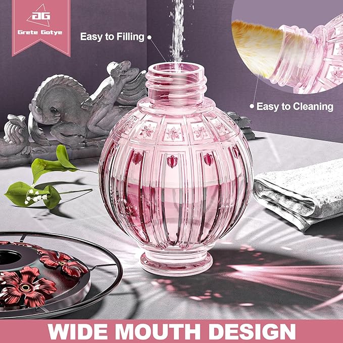 Glass Hummingbird Feeder for Outdoors Hanging, Bird Nectar Feeder with Perch & 5 Flower Feeding Ports, 26 Oz Leak Proof for Outside Garden Decor Backyard, Gifts for Women Mom, Pink