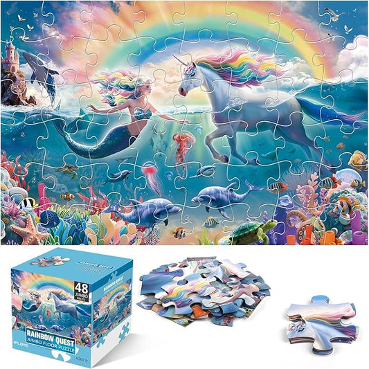 Jumbo Floor Puzzle for Kids Ages 4-8, 48-Piece Unicorn and Mermaid Underwater Jigsaw Puzzle, Large Educational Toys for Toddler Girls and Boys, Gift for 3-5 Year Olds
