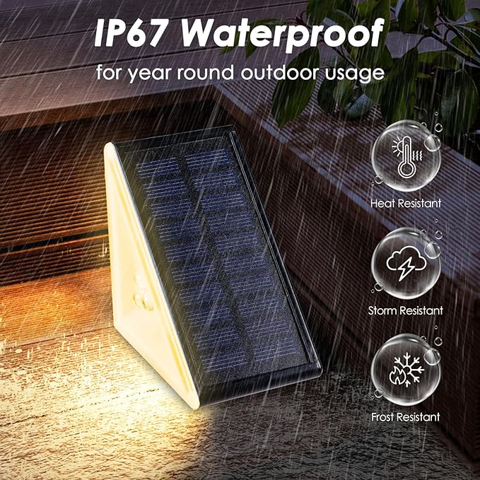 Solar Step Lights Outdoor Waterproof IP67, 6 Pack Solar Powered Stair Light with 3 LEDs, Triangle Solar Deck Light for Outside Garden Patio Yard Front Door, Warm White