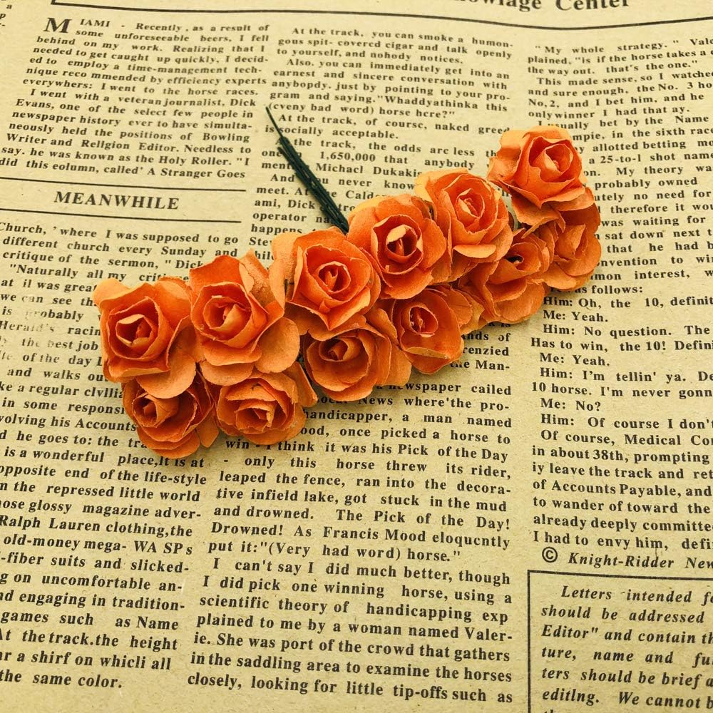 Mini Fake Rose Flower Heads 144pcs Mini Artificial Mulberry Paper Roses Flower with Wire Stem DIY Wedding Flowers Accessories Make Bridal Hair Clips Headbands Dress (Orange)