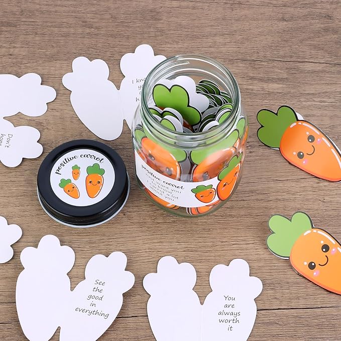 60 PCS Positive Carrot Emotional Support Gift Set Carrot Affirmation Cards with Glass Jar for Carrots Gifts Mental Health Gifts to Cheer Up Friends Positive Affirmations Cards for Women