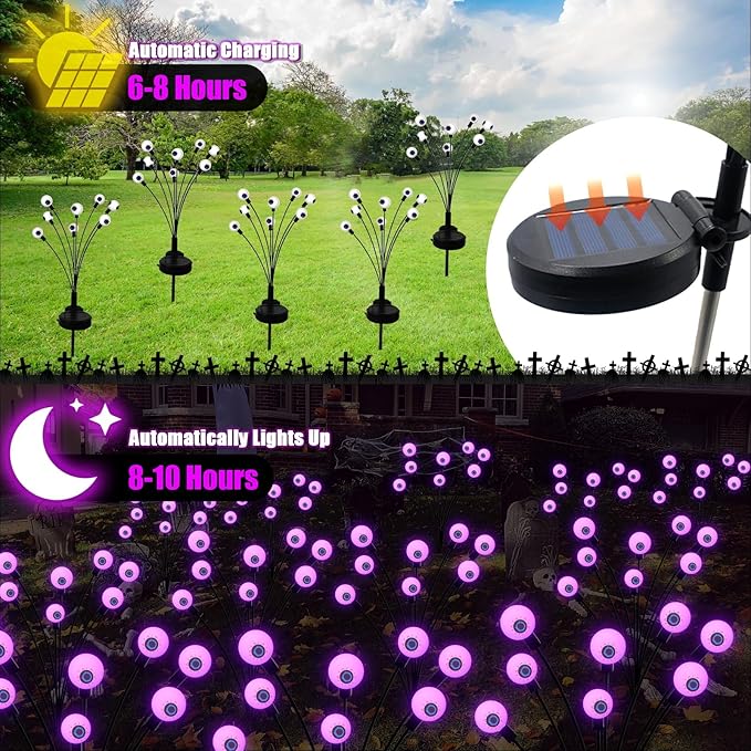 Halloween Decorations Outdoor Solar Scary Eyeball Lights, 2-Pack 16 LED Halloween Decor Solar Garden Lights, Waterproof Halloween Yard Decorations Swaying Halloween Pathway lights for Patio Lawn Party