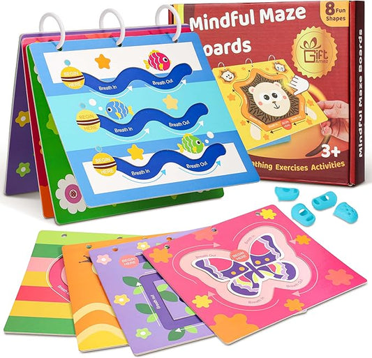 Mindful Maze Boards, Calming Toys for Kids, Finger Path Breathing Boards, Calming Corner Items Kids Social Emotional Learning, Mindfulness Sensory Cardboard Birthday Toys Box for Kid 3+