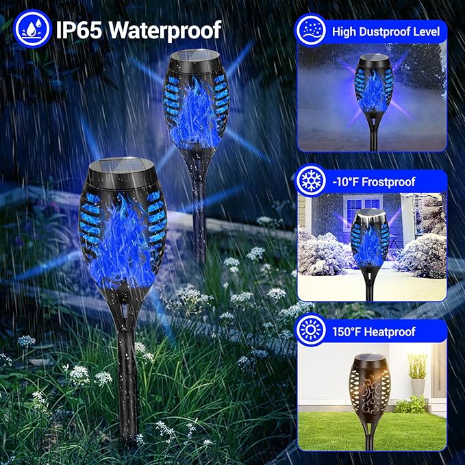 12 Pack Solar Torch Lights Outdoor Waterproof - Blue Flickering Flame, Outdoor Solar Garden Lights for Yard, Tiki Torches for Outside Patio Pathway Decorations