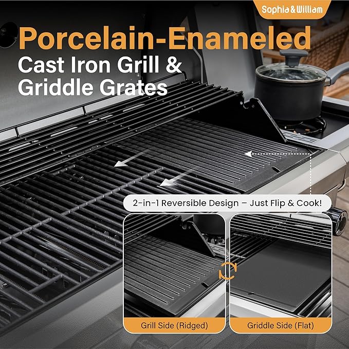 Sophia & William 6-Burner Propane Gas BBQ Grill with Side Burner & Porcelain-Enameled Cast Iron Grates, Gas Grill Griddle Combo for Outdoor Cooking, Barbecue Events, 740 SQ.IN. Cooking Area, Black