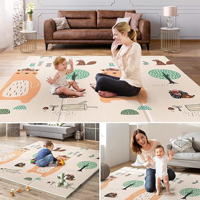 UANLAUO Foldable Baby Play Mat, Extra Large Waterproof Activity Playmats for Babies,Toddlers, Infants, Play & Tummy Time, Foam Baby Mat for Floor with Travel Bag (Bear(59x59x0.4inch))