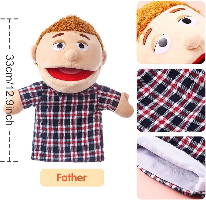 1 Pcs Family Hand Puppets 12 Inch Grandparents, Mom & Dad, Brother & Sister Plush Hand Puppet Toys Role-Play Toy Puppets for Kids Storytelling Imaginative Pretend Play Teaching Preschool(Dad)