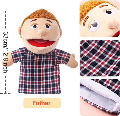 1 Pcs Family Hand Puppets 12 Inch Grandparents, Mom & Dad, Brother & Sister Plush Hand Puppet Toys Role-Play Toy Puppets for Kids Storytelling Imaginative Pretend Play Teaching Preschool(Dad)