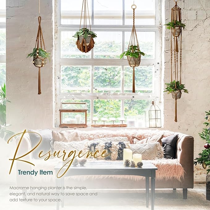 ANROYE Macrame Plant Hanger for Indoor Set of 4, Bohemian Hanging Planter with Tassels for Flower Pot, Boho Decorative Houseplant Rope Holder for Home Decor Bedroom Window Farmhouse