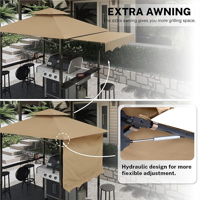 MASTERCANOPY 11 x 5 Grill Gazebo with Extra Side Awning Outdoor BBQ Gazebo with 2 LED Lights for Patio Party Backyard Picnic(Khaki)