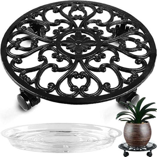 14 Inch Rolling Plant Stand with Wheels Metal Plant Caddy with Wheels Heavy Duty Round Plant Stand Indoor Iron Plants Rollers for Plants, Plant Dolly with Plant Saucers 1 Pack