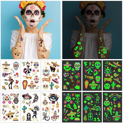 Temporary Tattoos for Day of the Dead, 36 Sheets Glow in the Dark Fake Tattoos for Adults and Kids, 180 Patterns for Halloween Make Up Party, Skull Skeleton Cat Ghost Guitar Sticker