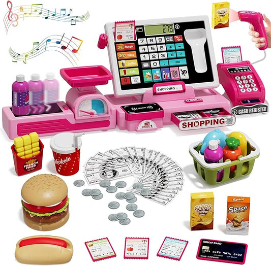 63PCS Cash Register for Kids, Kids Cash Register with Real Calculator, Pretend Play Store with Music/Motorized Conveyor/Play Money/Food Toys, Learning Toys for Boys Girls 3+, Pink