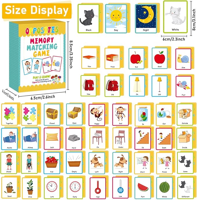 gisgfim 50 Pairs Opposites Memory Matching Game Sight Words Concentration Memory Card Educational Game for Kids Preschool Learning Educational Ages 3-8 A Fun & Fast Gift Activities Matching Games