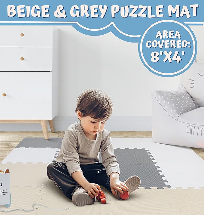 TOYVELT Foam Puzzle Floor Mat for Kids 12x12-32 Interlocking Play Mat Tiles with Colors - Educational Large Puzzle Foam Floor Tiles for Crawling, Non-Toxic - Cream-Gray-Beige