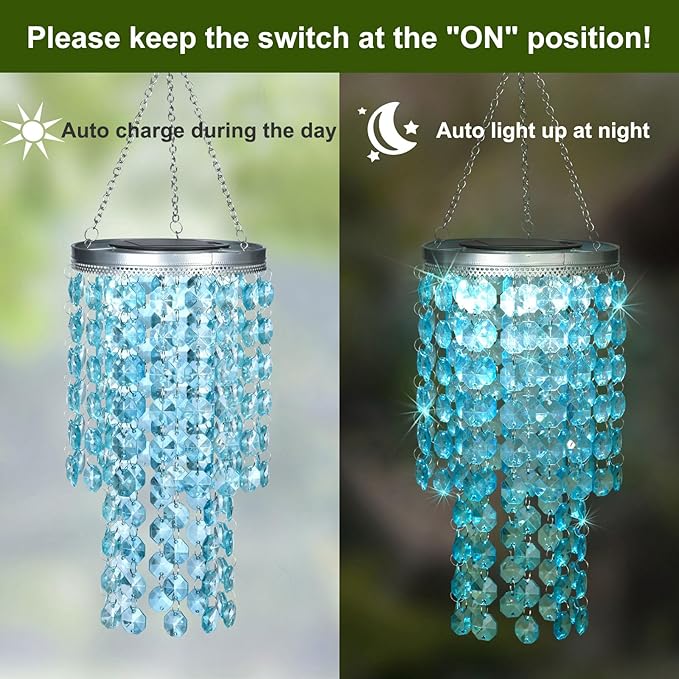 Hanging Solar Crystal Chandelier Outdoor, 21” Modern Solar Blue Acrylic Beaded Lantern with Cool White LED S Hooks for Garden Yard Patio Gazebo Outside Decor