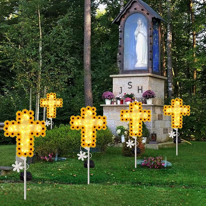 YJFWAL 2 Pack Solar Daisy Cross Garden Stake Lights, Yard Solar Lights Cemetery Decorations for Grave Outdoor Light Jesus Cross Sympathy Memorial Gifts for Grandmother, for Garden Yard Lawn Pathway