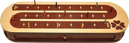PALM ROYAL HANDICRAFTS 4 Track Wooden Cribbage Board Set Inlaid in Rose Wood and Maple Wood with pegs and Cards. Storage Available. 4 Player Cribbage Board (15 x 5 Inches)