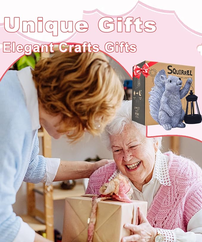 Solar Squirrel Statues for Garden Decor: Outdoor Figurines Sculpture with Lantern for Yard Art Lawn Patio Balcony - Gifts for Mom Grandma