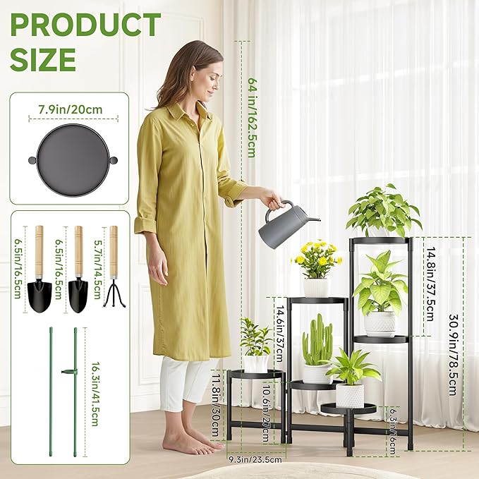 6-Tier Metal Plant Stand Indoor, Foldable Corner Plant Shelf Outdoor, Rotatable Tiered Tall Plant Stand, Black Multiple Plant Stands for Patio Living Room Balcony Garden Home Decor