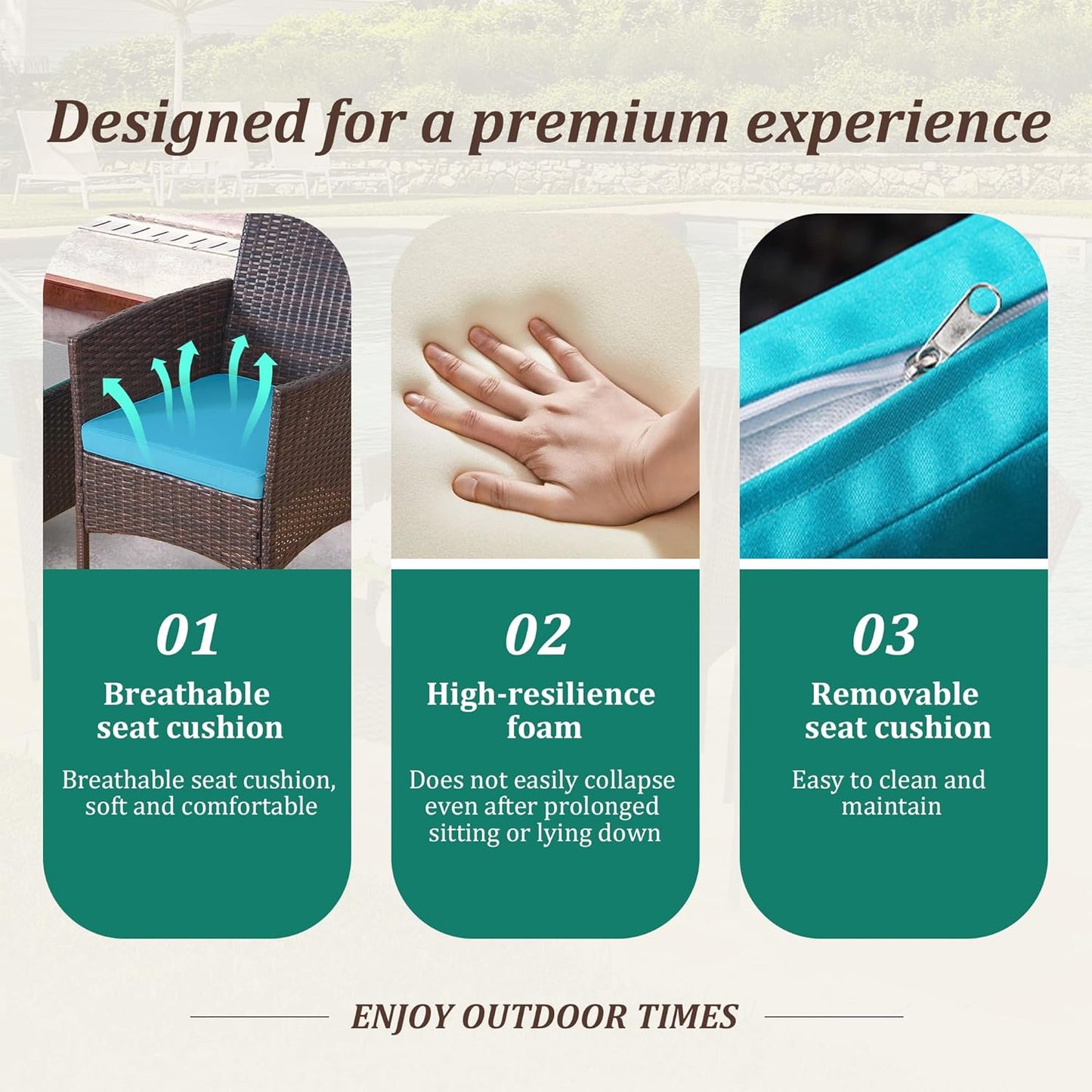 3 Piece Patio Furniture Set - Outdoor Conversation Sets with Coffee Table, Rattan Chair Set for Garden/Poolside, Brown/Green