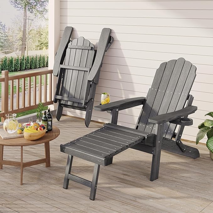 Adjustable Backrest Folding Adirondack Chair with Ottoman & 2 Cup Holders, HIPS Weather Resistant Adirondack Chair, Outdoor Fire Pit Chair for Beach, Pool, Deck, Porch, Yard, Lawn, Grey