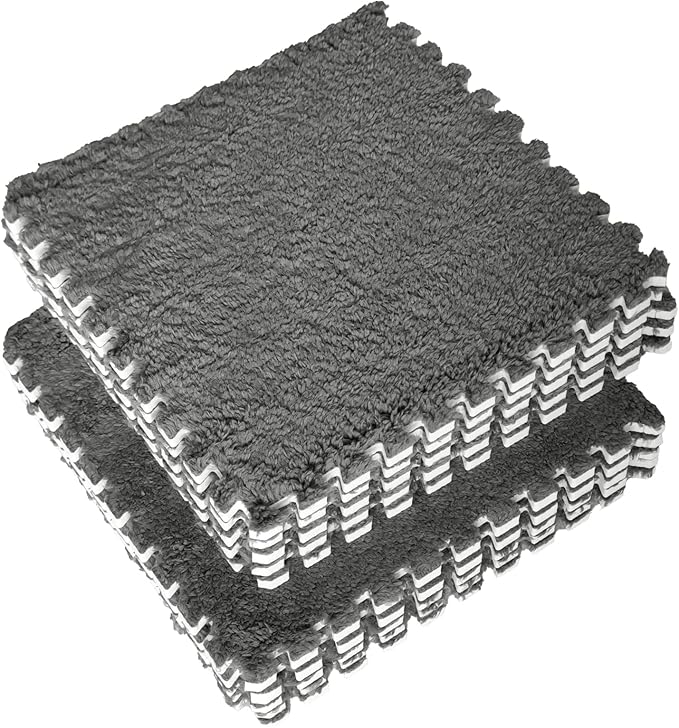 16pcs 0.6" Thickened Interlocking Tile Mats,Fluffy Shaggy Soft EVA Foam Area Rug for Living Room & Bedroom,Non-Slip Protective Floor Carpet Play Mat Kids Baby Dorm Home Decor (11.8ft, Grey)