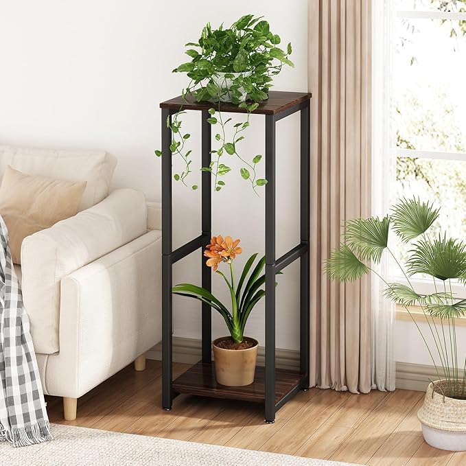 Plant Stand Indoor 2 Tier Tall Metal Corner Storage Tiered Plant Shelf Holder Multiple for Living Room Balcony Garden,Black Oak (2 Tier-Black Oak)