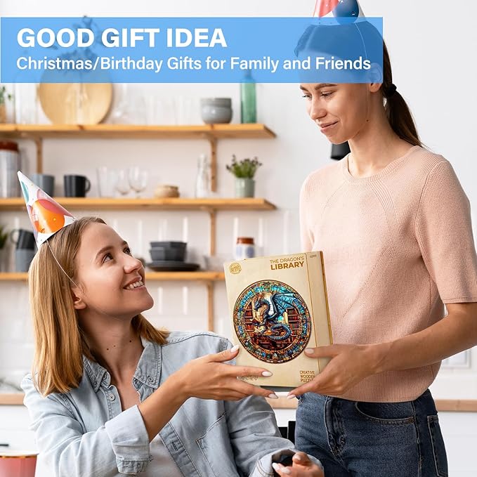 WOODBESTS Wooden Puzzles for Adults (200 Piece, M, 11.4"x11.4") Dragon's Library Wood Puzzle Adult, Unique Wooden Animal Jigsaw Puzzles, Family Game and Birthday Gifts for Friend