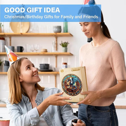 WOODBESTS Wooden Puzzles for Adults (300 Piece, L, 13.4"x13.4") Dragon's Library Wood Puzzle Adult, Unique Wooden Animal Jigsaw Puzzles, Family Game and Birthday Gifts for Friend