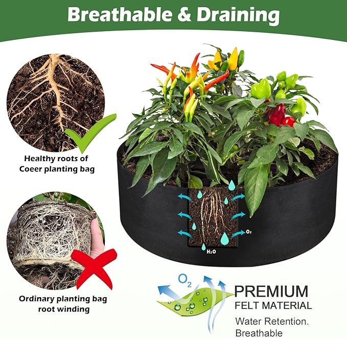 LBTING 2Pcs 50 Gallon Plant Grow Bags, Fabric Raised Planting Bed Heavy Duty Non-Woven Fabric Planter Pots for Garden Vegetables Flowers