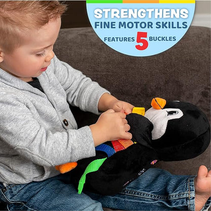Buckle Toys Blizzard Penguin Plush Montessori Toys for Toddlers 1-3 Animal Sensory Toy to Develop Fine Motor Skills and Learn Shapes and Colors, Travel Essentials for Kids, Includes Storage Pocket