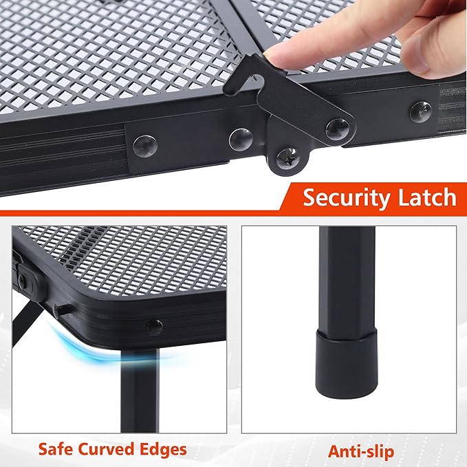 Folding Grill Table, 4x2 FT Portable Camping Table, Lightweight Height Adjustable Metal Tables with Mesh Desktop and Mesh Bag, Outdoor Tables for Camping, Picnic, Beach and BBQ, Black