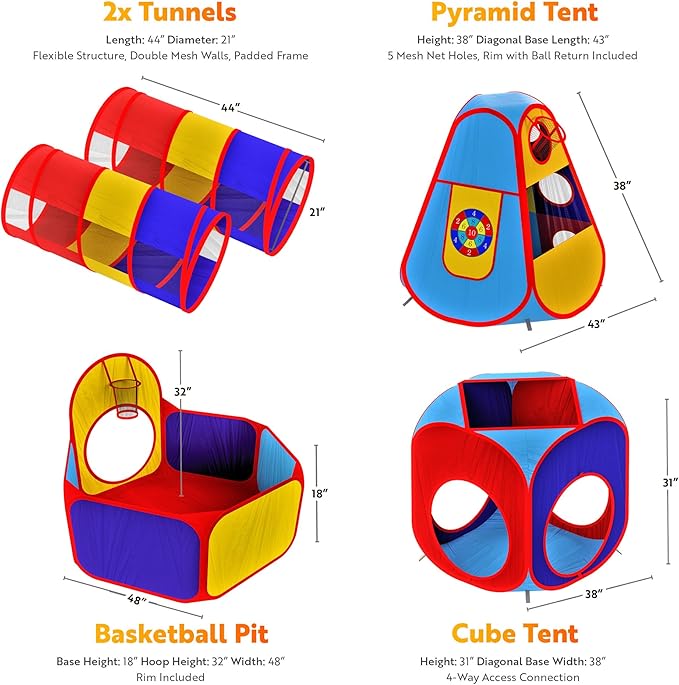 Playz 5pc Kids' Play Tents & Tunnels - Ball Pit for Toddlers, Basketball Hoop, Crawling Tubes, Pop-Up Playhouses, Baby Obstacle Course for Indoor or Outdoor Use
