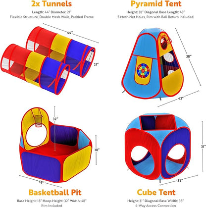 Playz 5pc Kids' Play Tents & Tunnels - Ball Pit for Toddlers, Basketball Hoop, Crawling Tubes, Pop-Up Playhouses, Baby Obstacle Course for Indoor or Outdoor Use
