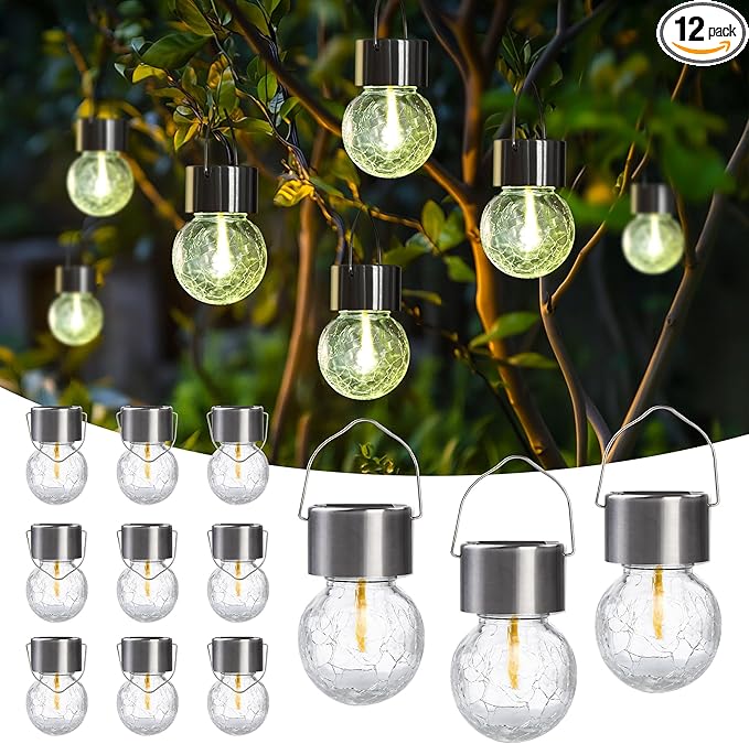 Hanging Solar Lights Outdoor,New Upgraded Moving Led Beads,Solar Powered Waterproof Lighting,12 Pack Hanging Globe Solar Lights for Garden Yard Patio Fence Christmas Decoration (Warm White)