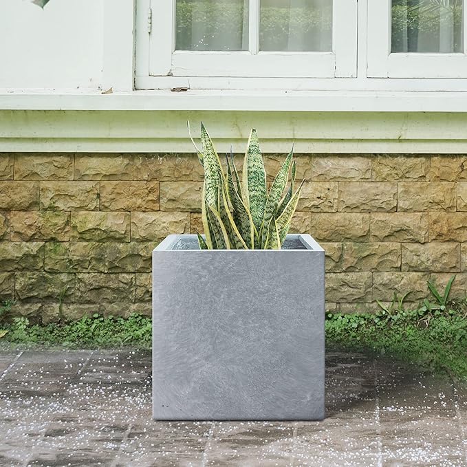 Kante 10 Inch Square Concrete Planter for Outdoor Indoor Home Patio Garden, Large Plant Pot with Drainage Hole and Rubber Plug, Slate Gray