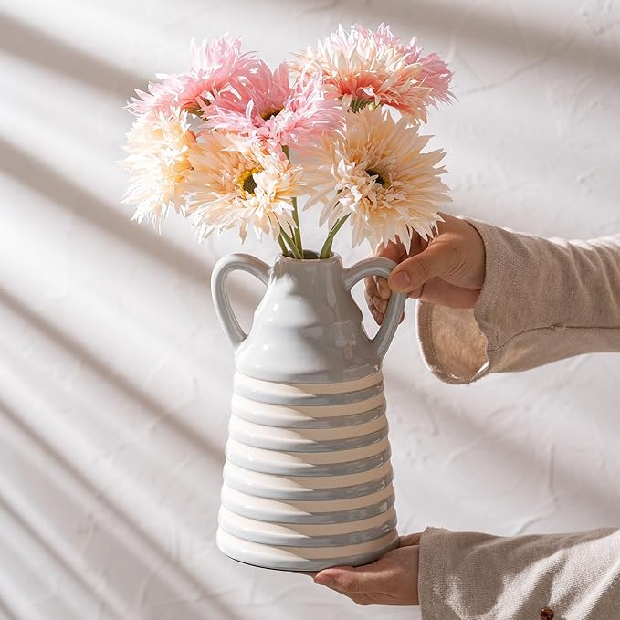 Ceramic Grey and White Checkered Stripes Vase with Handles, Hand-Painted Modern Bohemian Floral Vases Home Decor, Cottage Core Decor, Flower Vases for Bouquet Tabletop Bedroom Office Bookshelf 8.9 in