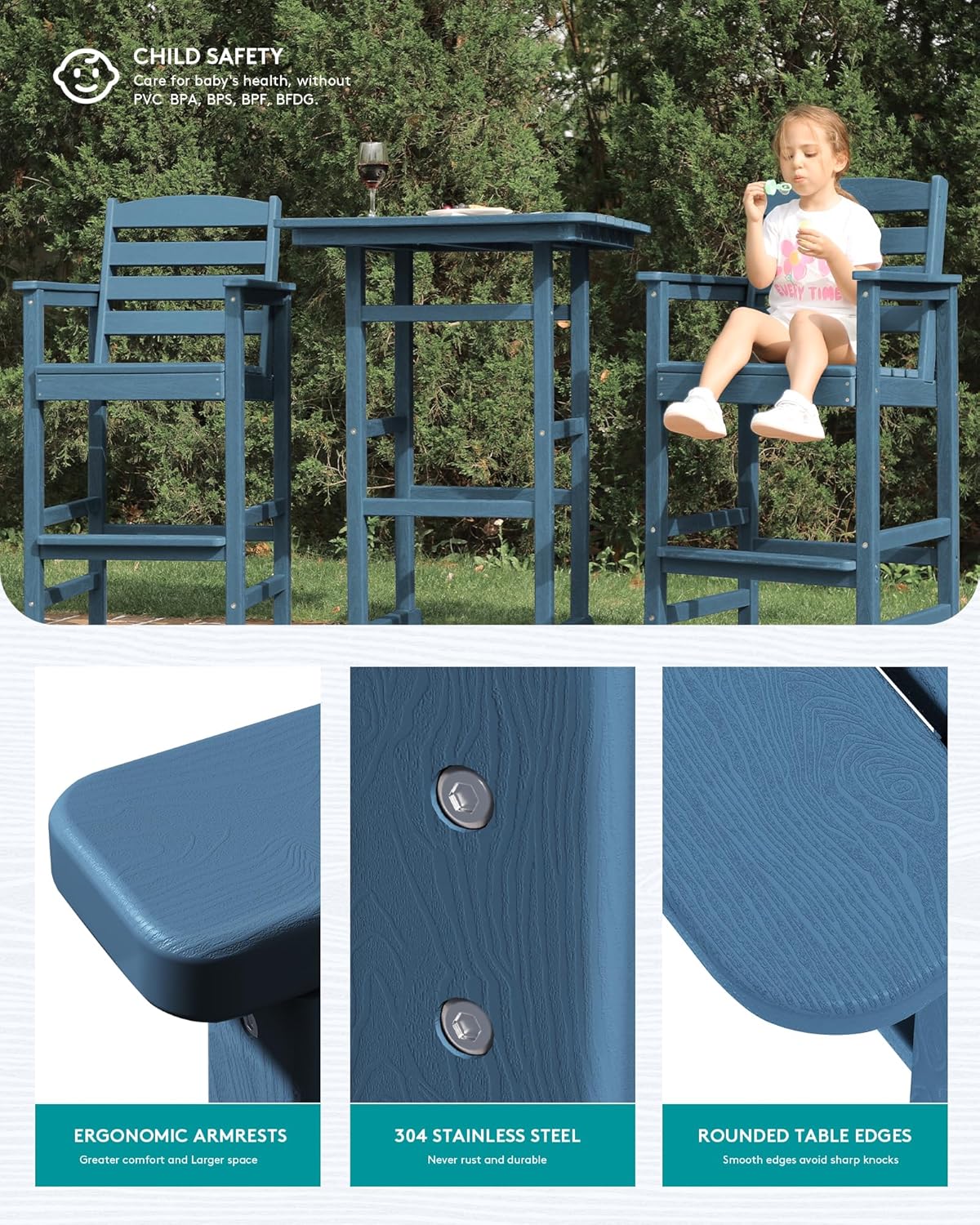 SERWALL 4 Pieces Outdoor Patio Bar Set with 9ft Umbrella, Outdoor HDPE Barstool and Table Furniture Set with Patio Umbrella, Blue