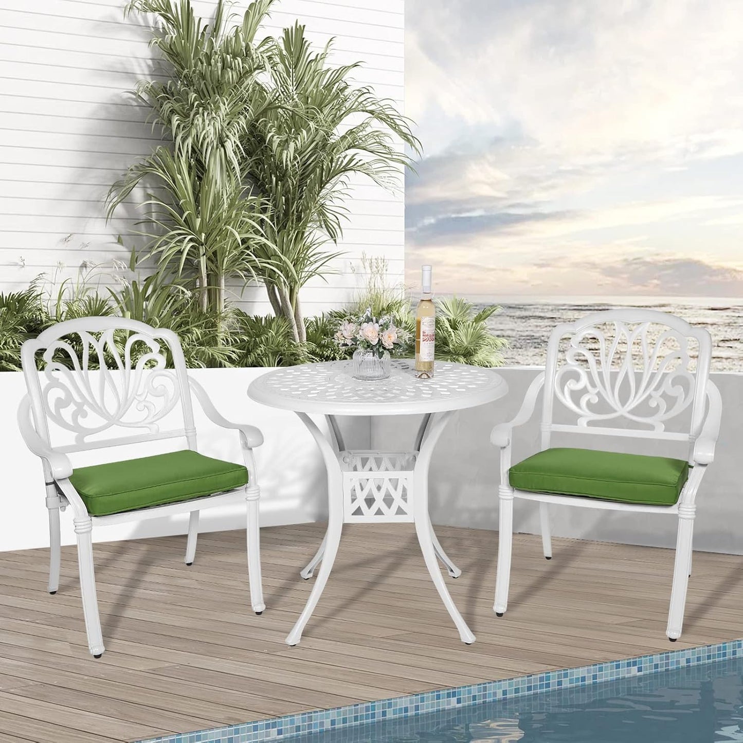 3-Piece Outdoor Patio Dining Set, All-Weather Cast Aluminum Patio Furniture Set for Backyard Garden Deck with 2 Cushioned Chairs and 31” Round Table, 2" Umbrella Hole, White