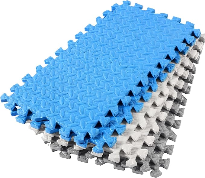 Shihanee Foam Floor Baby Tiles Foam Floor Mats Play Mats Bulk with Borders Interlocking for Kids Baby Playroom Nursery Gym (White, Gray, Blue,64ft)