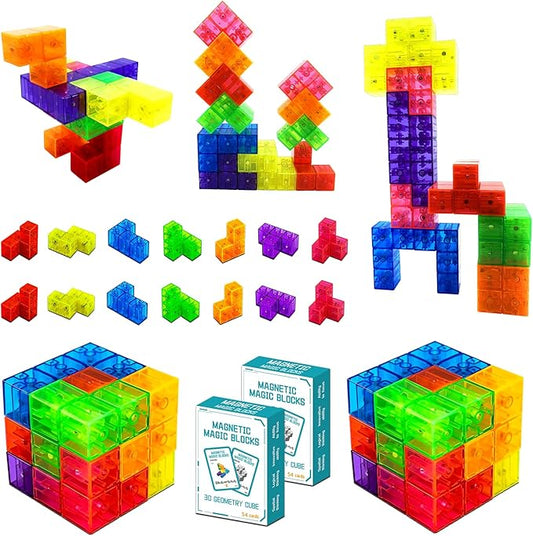 Kids Magnetic Building Blocks Magic Magnetic 3D Puzzle Cubes Set of 14 Multi Shapes with 108 Guide Cards, Parent-Child Interactive Children's Educational Toys