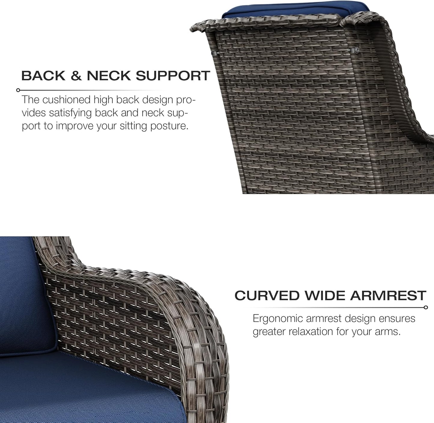 Joyside Outdoor Swivel Rocker Patio Chair and Matching Side Table - 2-Piece Wicker Patio Bistro Set with Premium Fabric Cushions (Brown Mixed with Grey/Blue)
