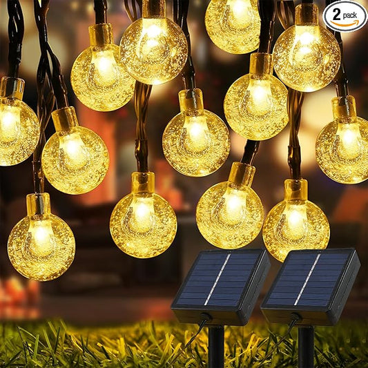 Solar Lights Outdoor Waterproof, 2 Pack Total 200LED 110FT Solar String Lights for Outside w/ 8 Modes, Outdoor String Lights Crystal Globe Patio Lights for Garden Yard Party Decor(Warm White)