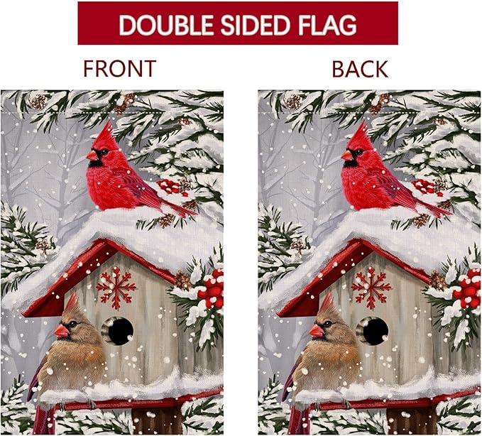BLKWHT Winter Cardinal Bird Garden Flag 12x18 Vertical Double Sided Trees Snow Christmas Holiday Outside Decorations Burlap Yard Flag BW735
