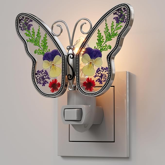 KY&BOSAM Butterfly Night Light Plug into Wall Night Lights Real Flower Glass and Metal Nightlights for Hallway Nursery Bedroom Bathroom Kids Room Kitchen Stairway Accent Elegant Themed Home Decoration