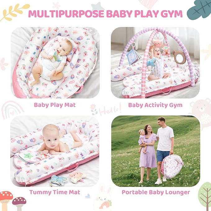 Pink Baby Play Mat, 7-in-1 Tummy Time Activity Gym Mat for Sensory and Motor Development, Washable Baby Lounger, Portable Newborn Nest for Home & Travel, Babies Gift for Infant 0-3-6-9-12-18 Months