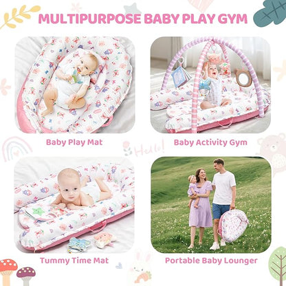 Pink Baby Play Mat, 7-in-1 Tummy Time Activity Gym Mat for Sensory and Motor Development, Washable Baby Lounger, Portable Newborn Nest for Home & Travel, Babies Gift for Infant 0-3-6-9-12-18 Months