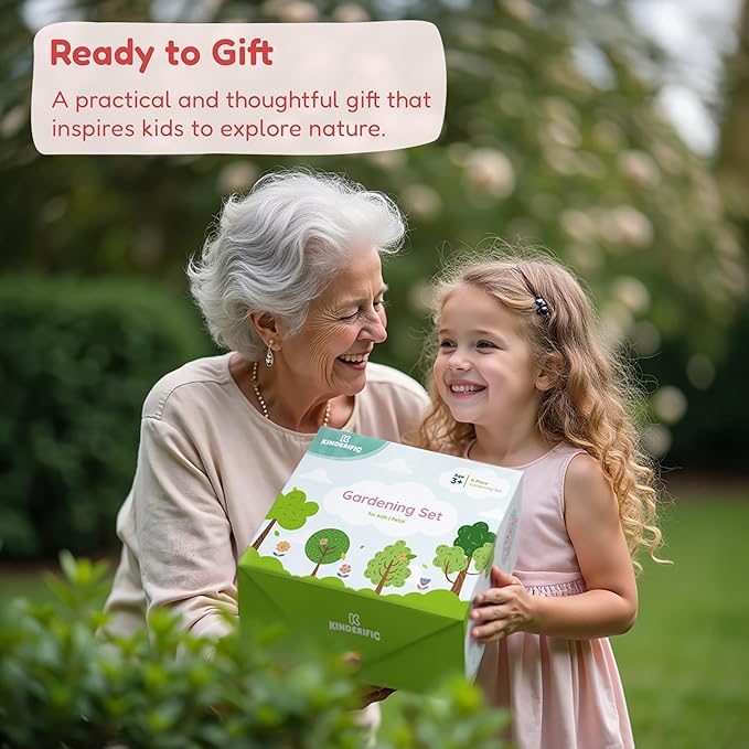 Gardening Set, Tool Kit, for Kids, STEM, Includes Tote Bag, Spade, Watering Can, Rake, Fork, Trowel and Gloves (Petal)