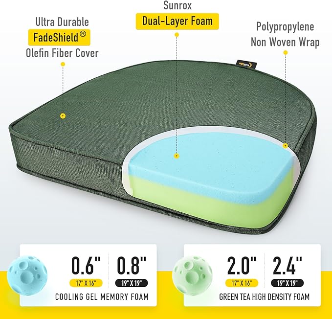 SUNROX Gel Memory Foam Chair Cushions, FadeShield Water-, Stain-Resistant Durable Reversible Seat Cushion Pads with Ties for Indoor/Outdoor Kitchen Dining Office, 19"x19", Set of 2, Heather Fern